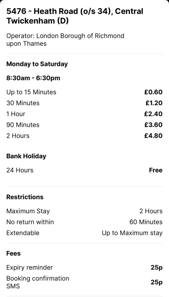Parking Rates via Ringo App - Heathroad Twickenham
